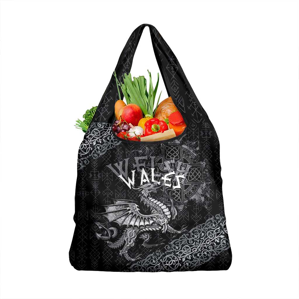 Welsh Celtic Culture Grocery Bag Wales Y Ddraig Goch with Runes Symbols - Wonder Print Shop