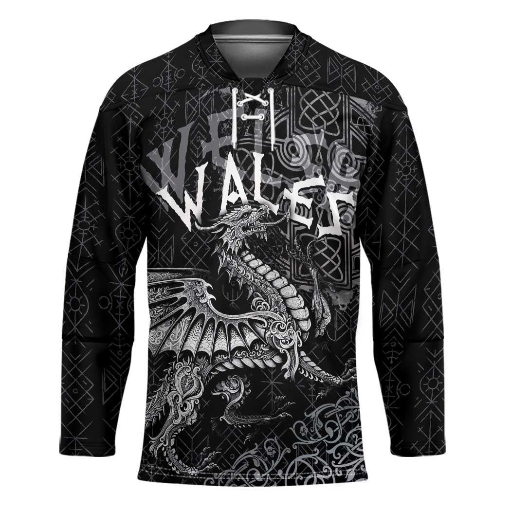 Welsh Celtic Culture Hockey Jersey Wales Y Ddraig Goch with Runes Symbols - Wonder Print Shop