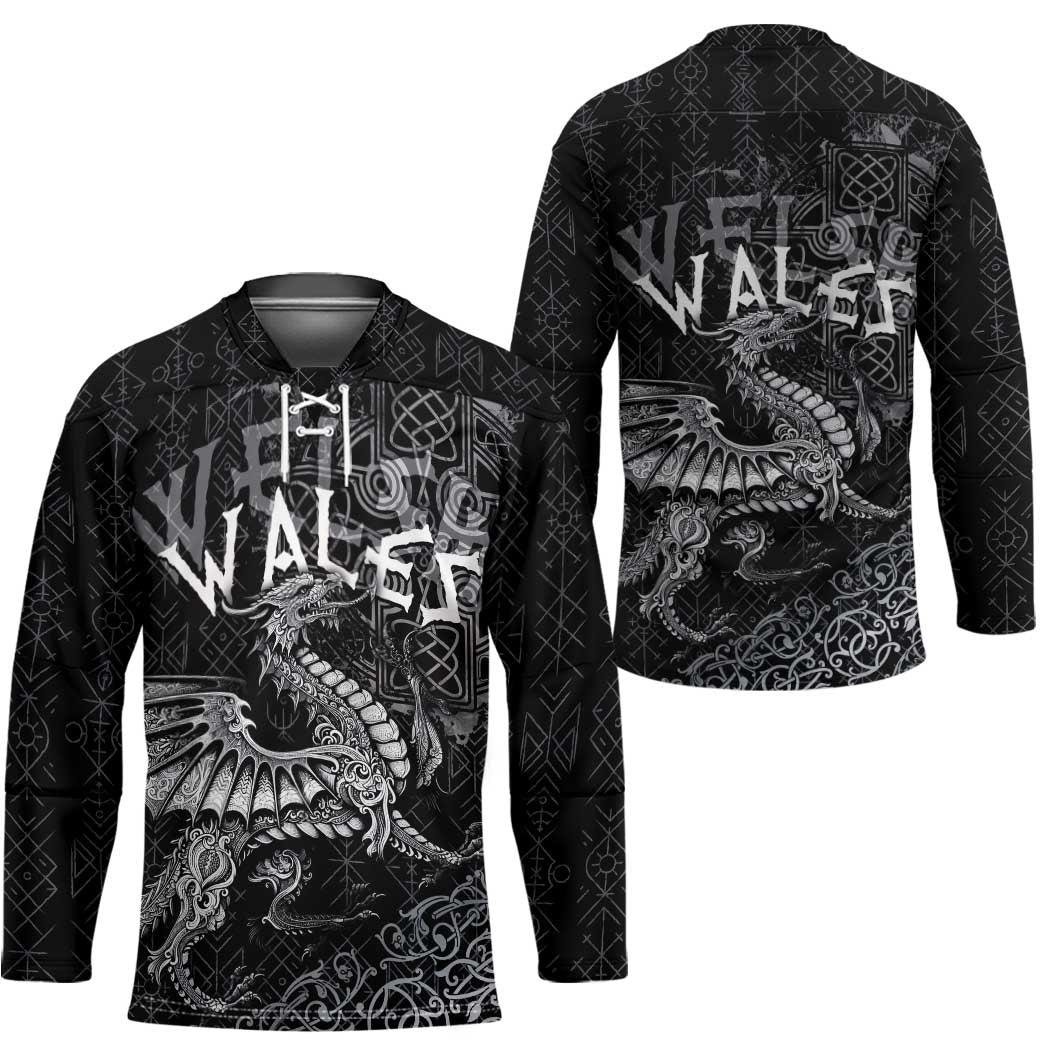 Welsh Celtic Culture Hockey Jersey Wales Y Ddraig Goch with Runes Symbols - Wonder Print Shop