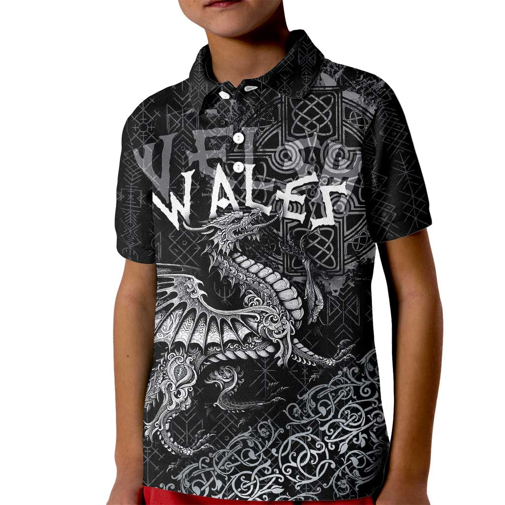 Welsh Celtic Culture Kid Polo Shirt Wales Y Ddraig Goch with Runes Symbols - Wonder Print Shop