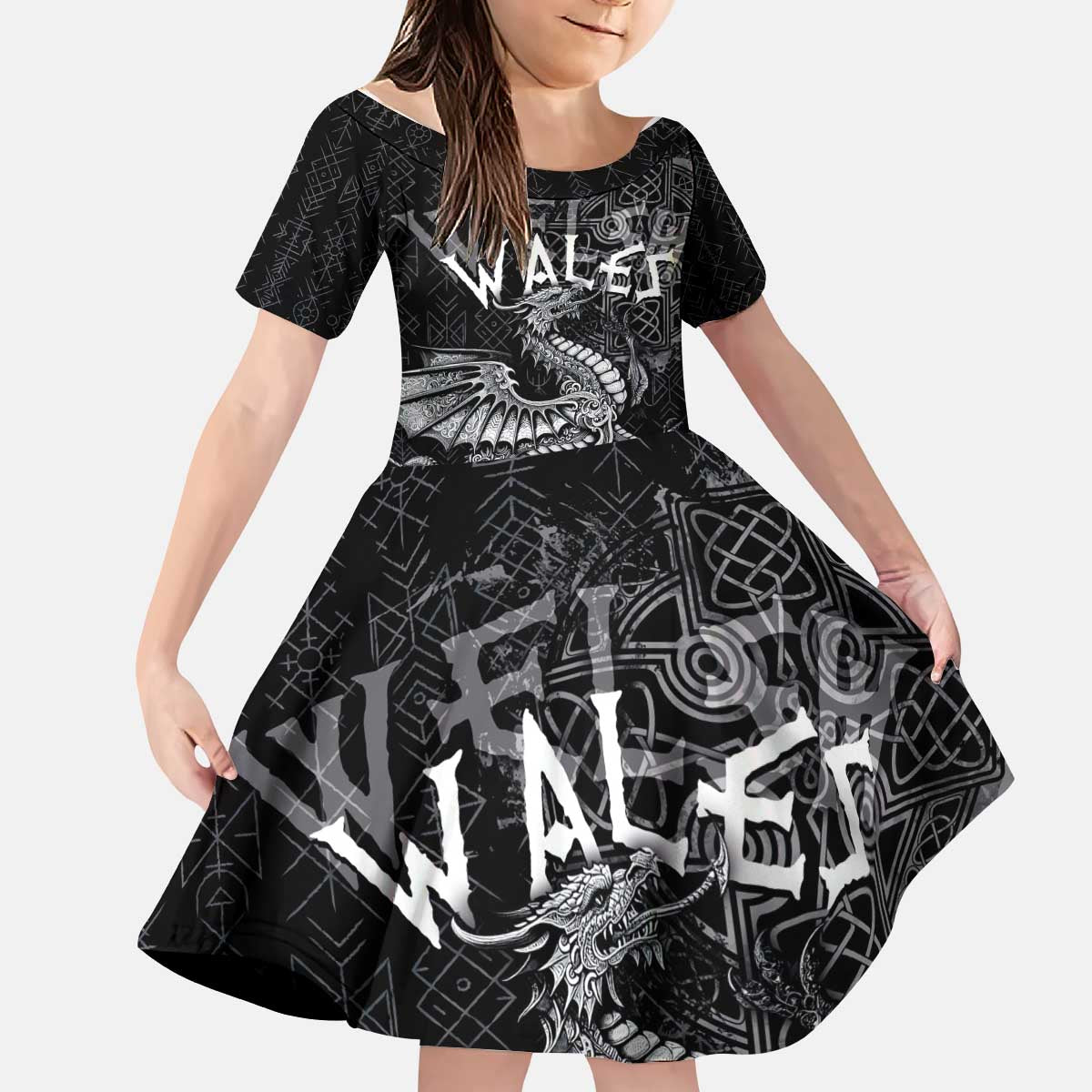 Welsh Celtic Culture Kid Short Sleeve Dress Wales Y Ddraig Goch with Runes Symbols - Wonder Print Shop