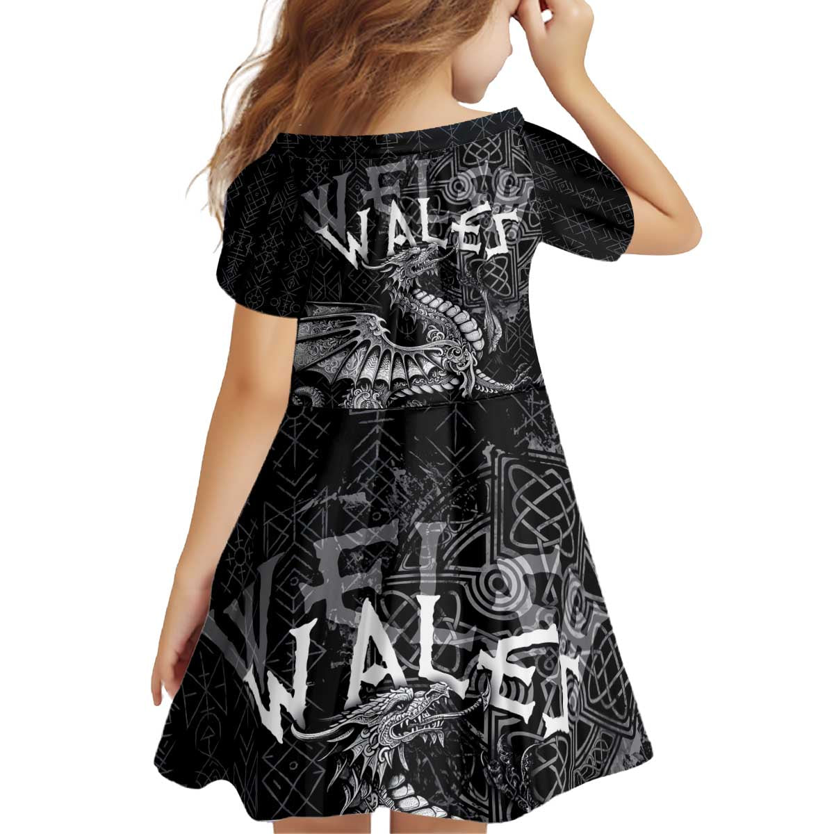 Welsh Celtic Culture Kid Short Sleeve Dress Wales Y Ddraig Goch with Runes Symbols - Wonder Print Shop