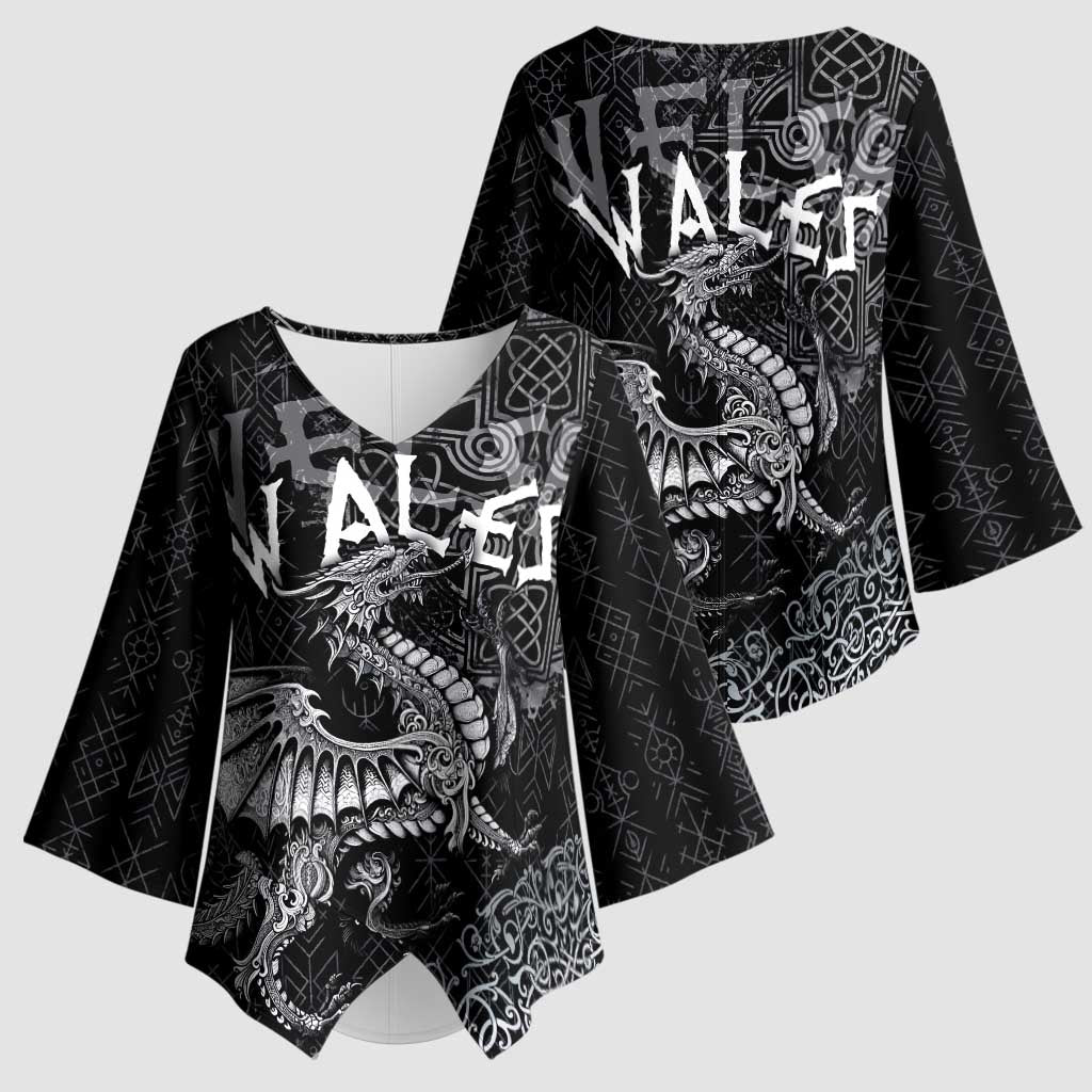 Welsh Celtic Culture Kimono Sleeve Blouse Wales Y Ddraig Goch with Runes Symbols - Wonder Print Shop