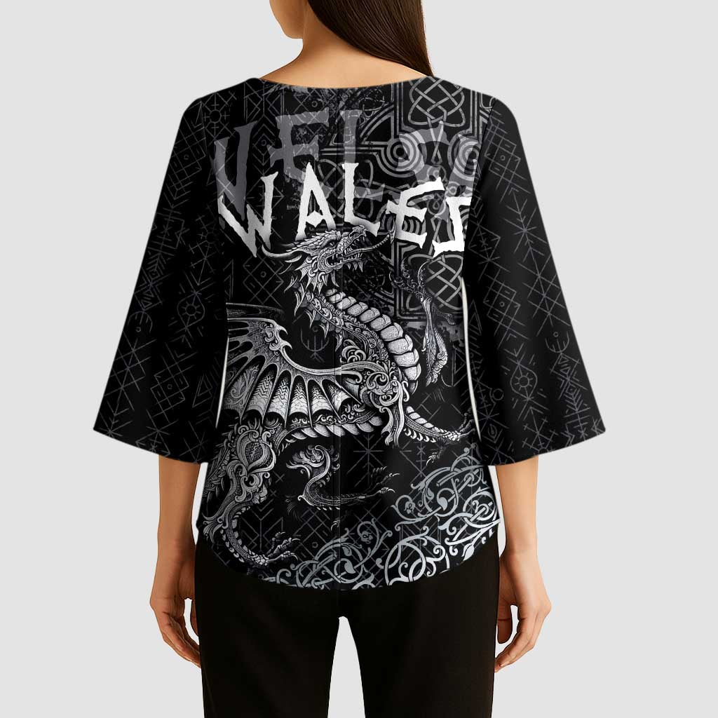 Welsh Celtic Culture Kimono Sleeve Blouse Wales Y Ddraig Goch with Runes Symbols - Wonder Print Shop
