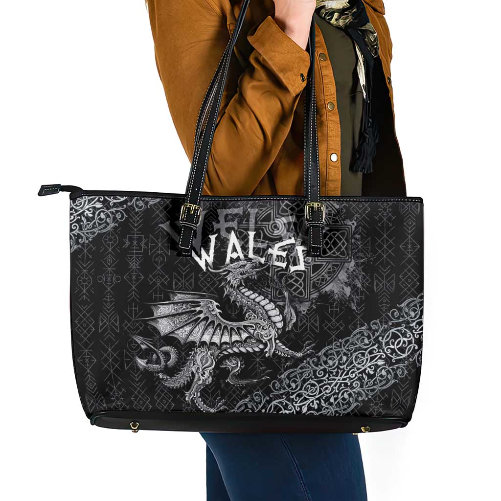 Welsh Celtic Culture Leather Tote Bag Wales Y Ddraig Goch with Runes Symbols - Wonder Print Shop