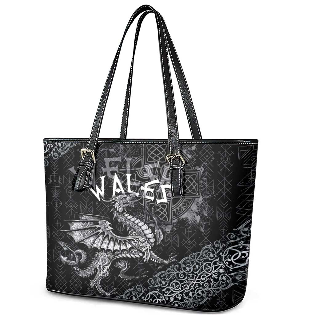 Welsh Celtic Culture Leather Tote Bag Wales Y Ddraig Goch with Runes Symbols - Wonder Print Shop