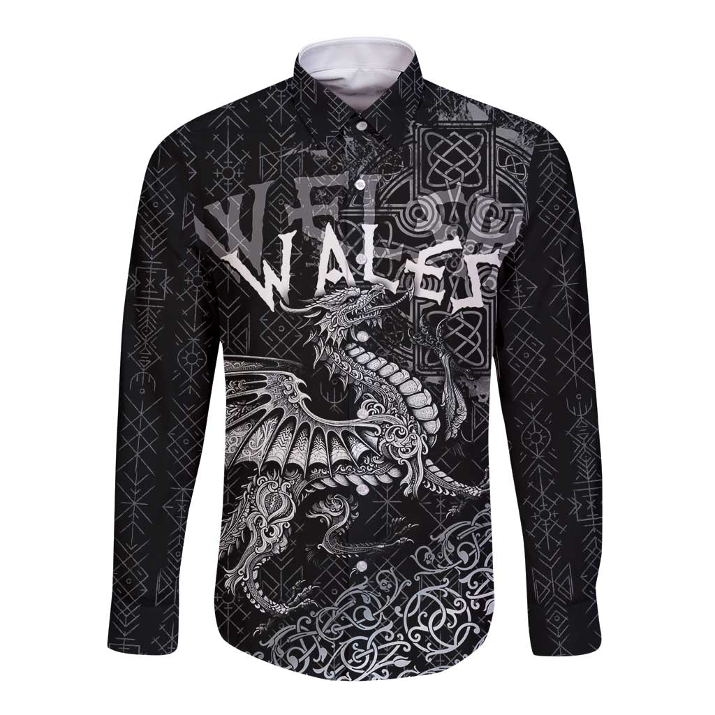 Welsh Celtic Culture Long Sleeve Button Shirt Wales Y Ddraig Goch with Runes Symbols - Wonder Print Shop