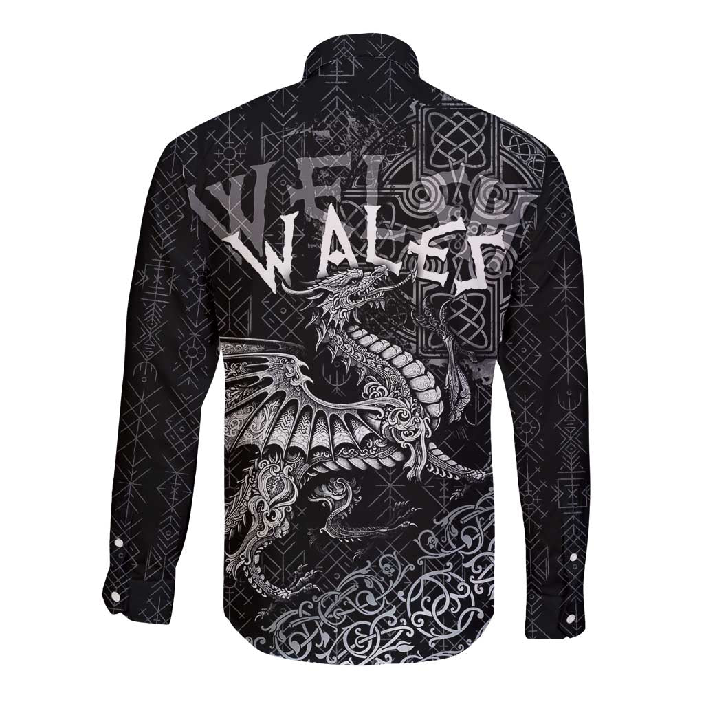 Welsh Celtic Culture Long Sleeve Button Shirt Wales Y Ddraig Goch with Runes Symbols - Wonder Print Shop