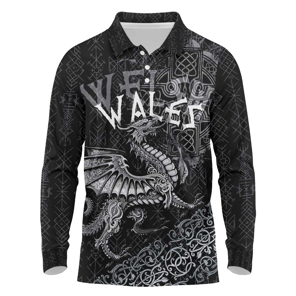 Welsh Celtic Culture Long Sleeve Polo Shirt Wales Y Ddraig Goch with Runes Symbols - Wonder Print Shop
