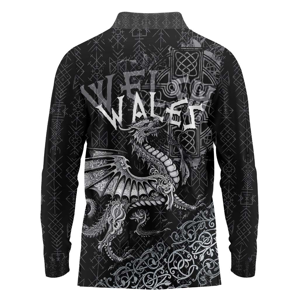 Welsh Celtic Culture Long Sleeve Polo Shirt Wales Y Ddraig Goch with Runes Symbols - Wonder Print Shop
