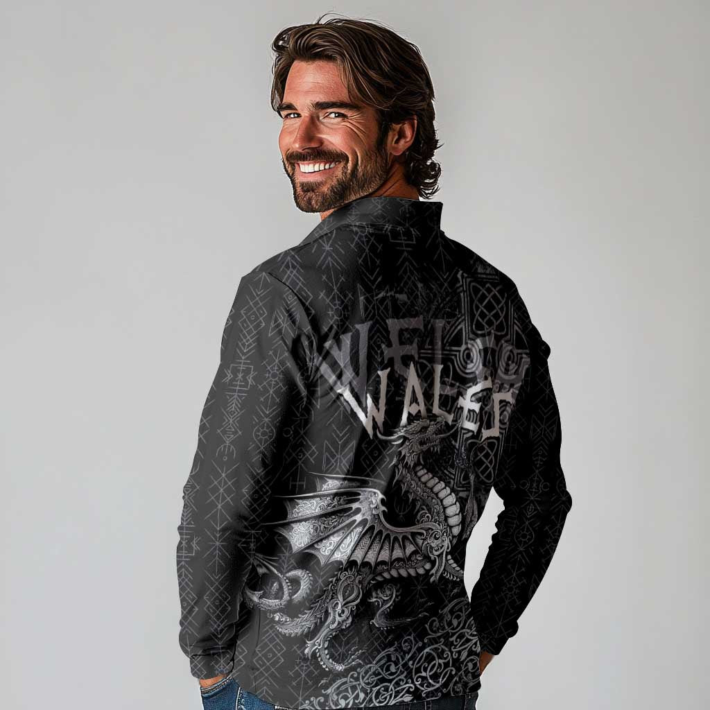 Welsh Celtic Culture Long Sleeve Polo Shirt Wales Y Ddraig Goch with Runes Symbols - Wonder Print Shop