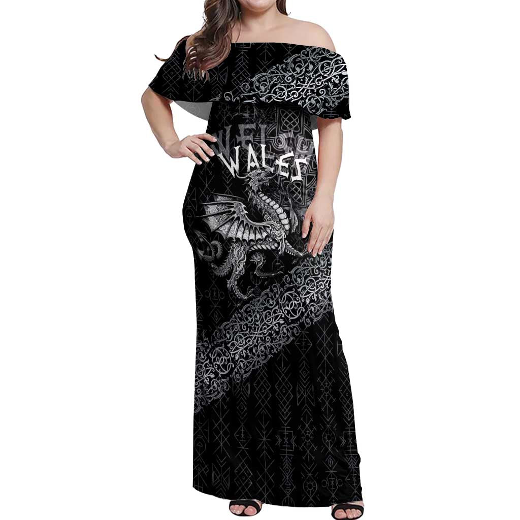 Welsh Celtic Culture Off Shoulder Maxi Dress Wales Y Ddraig Goch with Runes Symbols - Wonder Print Shop