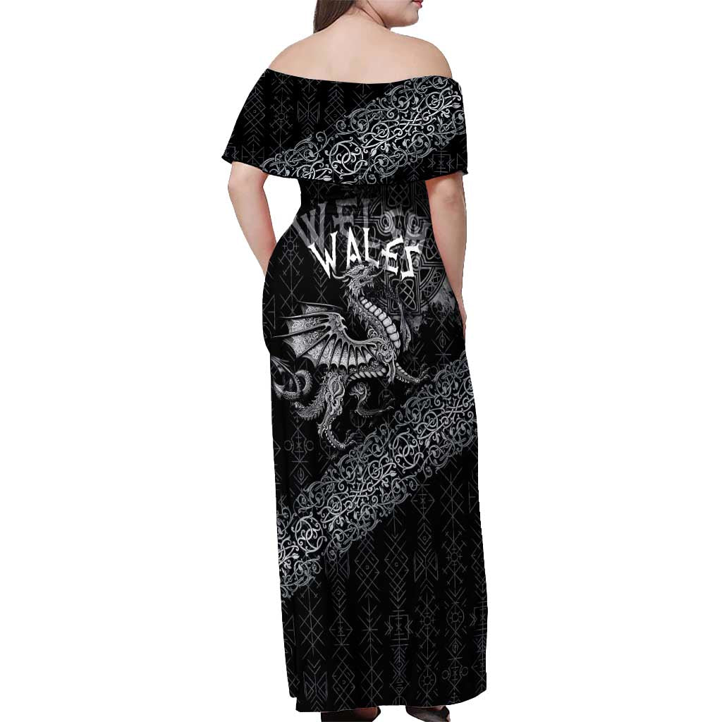 Welsh Celtic Culture Off Shoulder Maxi Dress Wales Y Ddraig Goch with Runes Symbols - Wonder Print Shop
