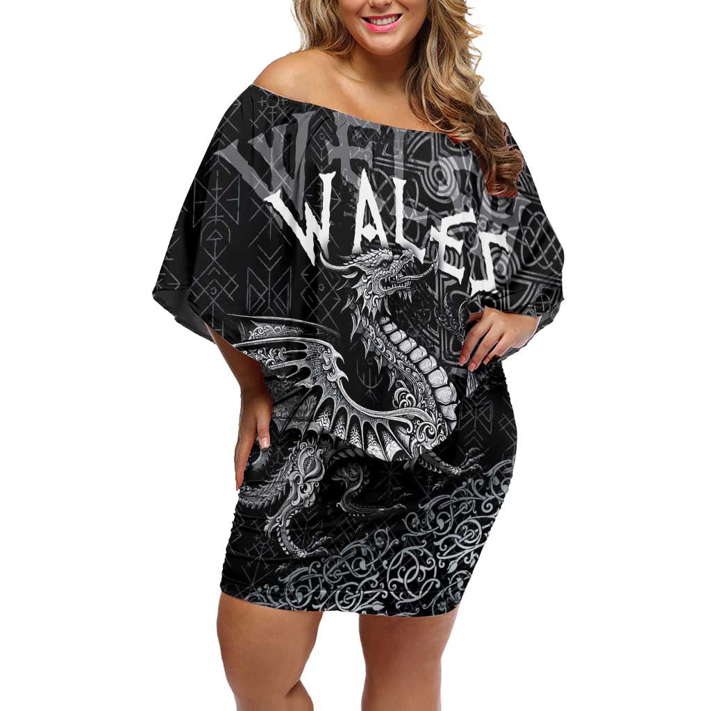 Welsh Celtic Culture Off Shoulder Short Dress Wales Y Ddraig Goch with Runes Symbols - Wonder Print Shop