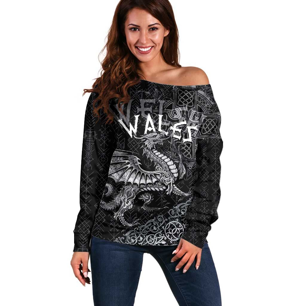 Welsh Celtic Culture Off Shoulder Sweater Wales Y Ddraig Goch with Runes Symbols - Wonder Print Shop