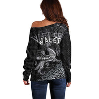 Welsh Celtic Culture Off Shoulder Sweater Wales Y Ddraig Goch with Runes Symbols - Wonder Print Shop