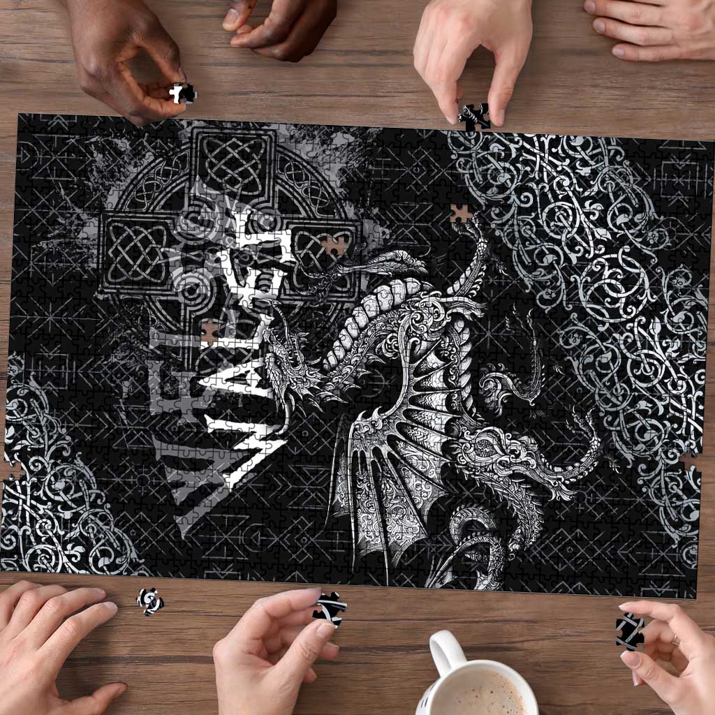 Welsh Celtic Culture Puzzle Wales Y Ddraig Goch with Runes Symbols - Wonder Print Shop