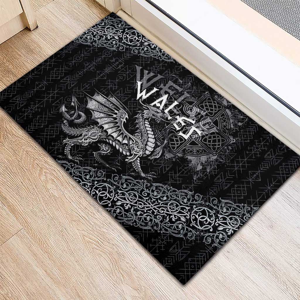 Welsh Celtic Culture Rubber Doormat Wales Y Ddraig Goch with Runes Symbols - Wonder Print Shop