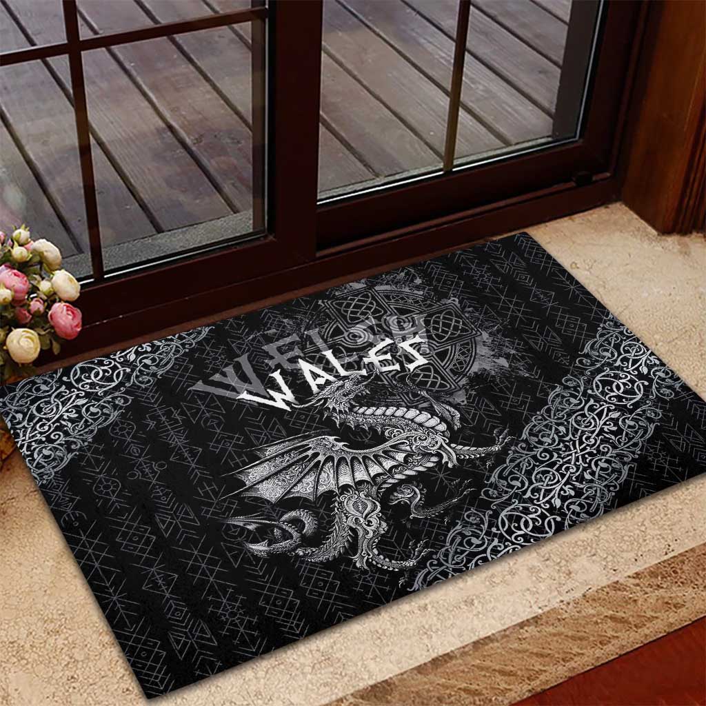 Welsh Celtic Culture Rubber Doormat Wales Y Ddraig Goch with Runes Symbols - Wonder Print Shop