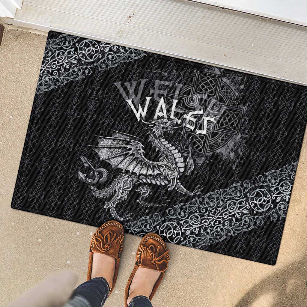 Welsh Celtic Culture Rubber Doormat Wales Y Ddraig Goch with Runes Symbols - Wonder Print Shop