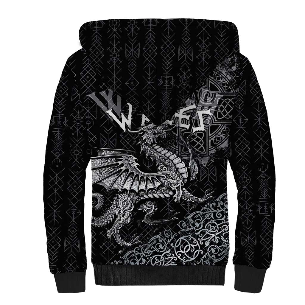Welsh Celtic Culture Sherpa Hoodie Wales Y Ddraig Goch with Runes Symbols - Wonder Print Shop