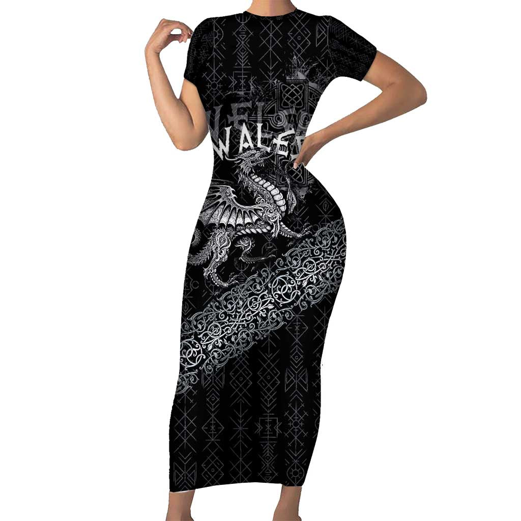 Welsh Celtic Culture Short Sleeve Bodycon Dress Wales Y Ddraig Goch with Runes Symbols - Wonder Print Shop