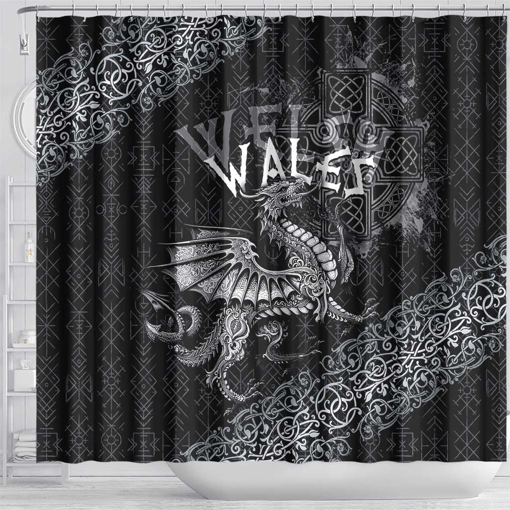 Welsh Celtic Culture Shower Curtain Wales Y Ddraig Goch with Runes Symbols - Wonder Print Shop