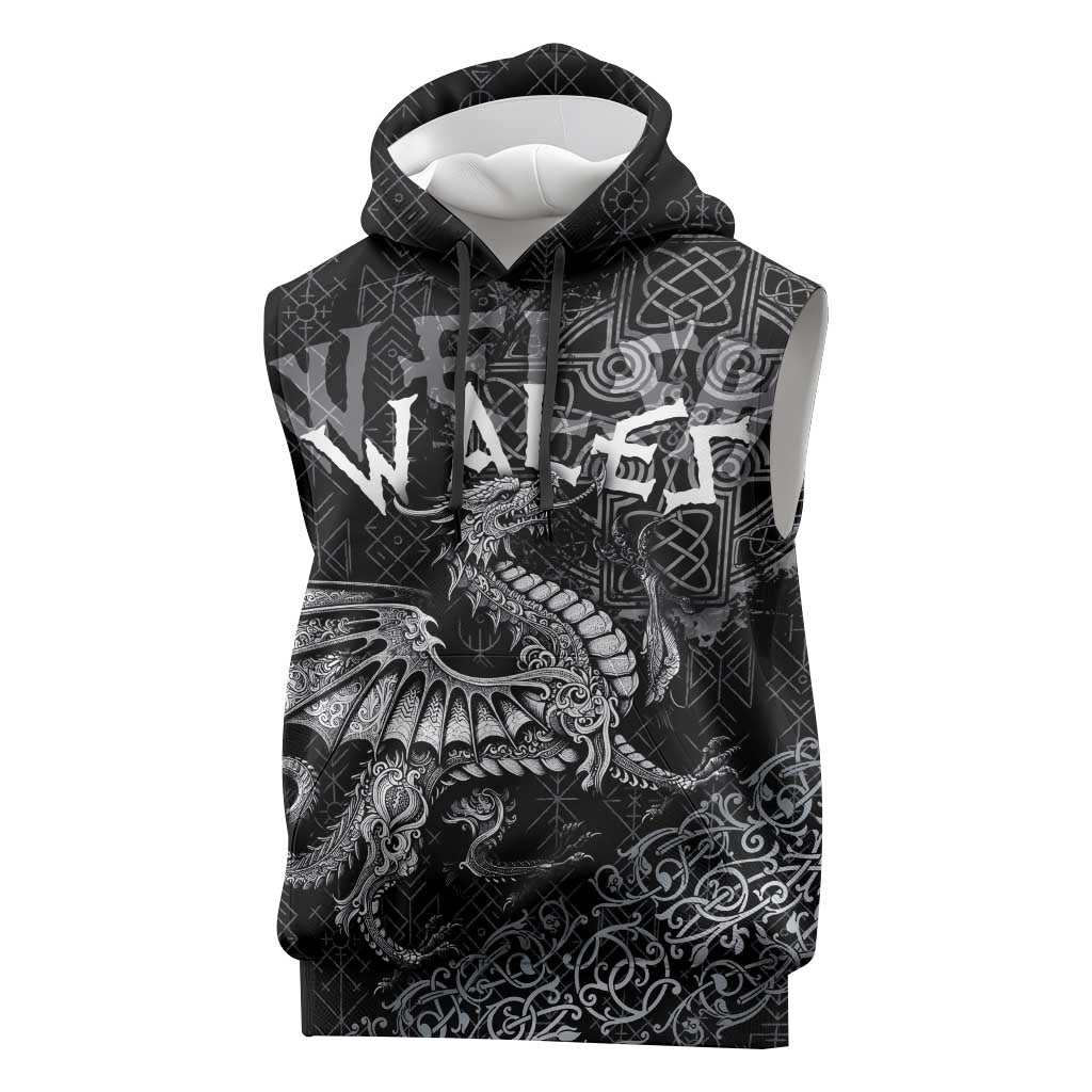 Welsh Celtic Culture Sleeveless Hoodie Wales Y Ddraig Goch with Runes Symbols - Wonder Print Shop