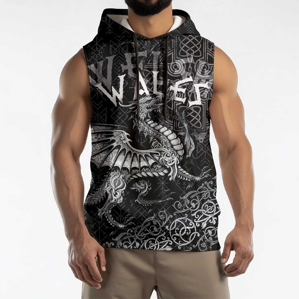 Welsh Celtic Culture Sleeveless Hoodie Wales Y Ddraig Goch with Runes Symbols - Wonder Print Shop
