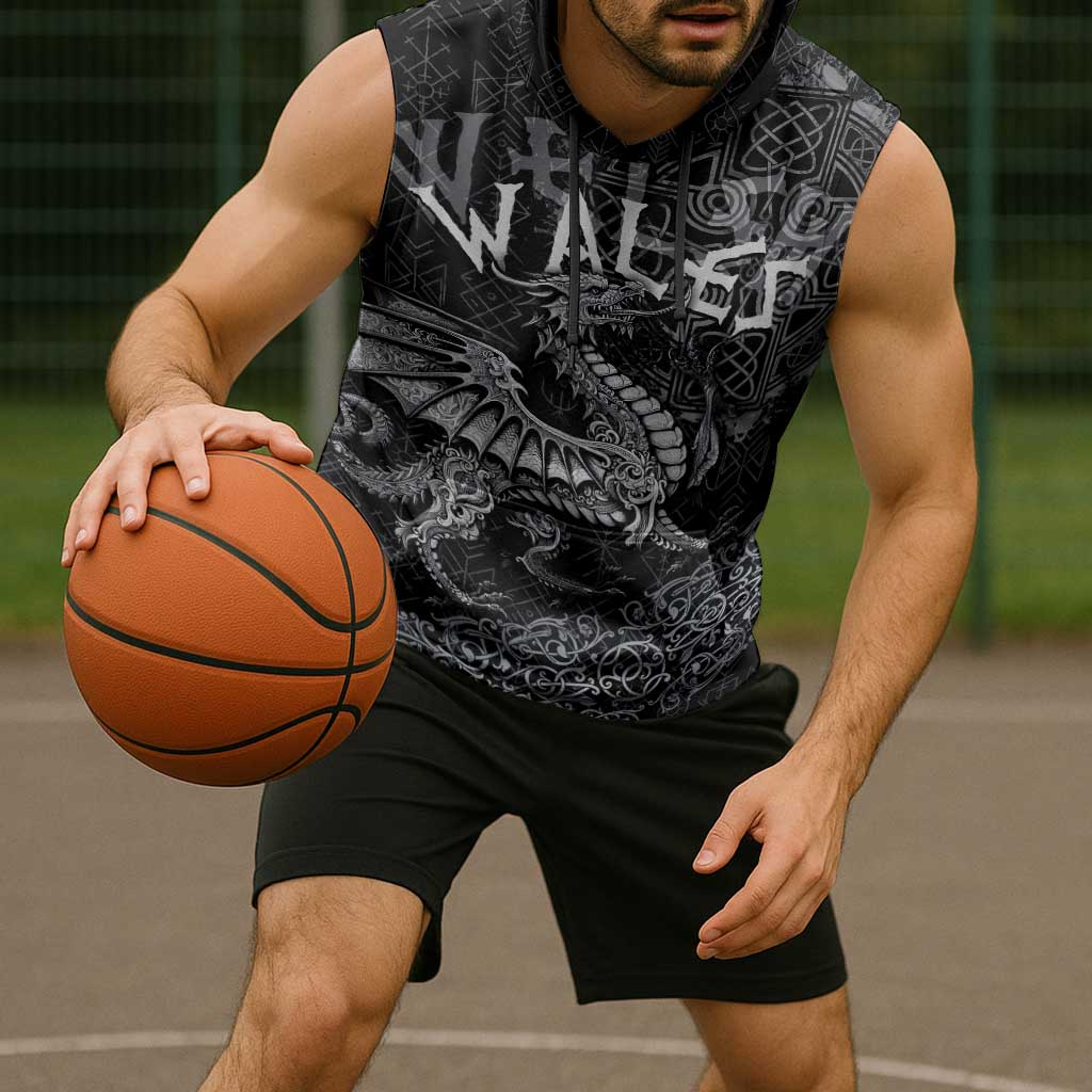 Welsh Celtic Culture Sleeveless Hoodie Wales Y Ddraig Goch with Runes Symbols - Wonder Print Shop