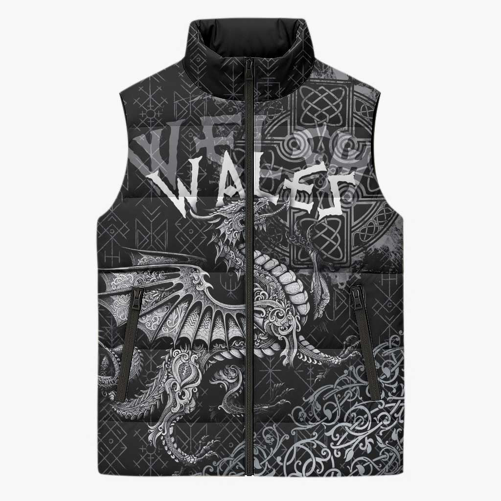 Welsh Celtic Culture Sleeveless Puffer Jacket Wales Y Ddraig Goch with Runes Symbols - Wonder Print Shop