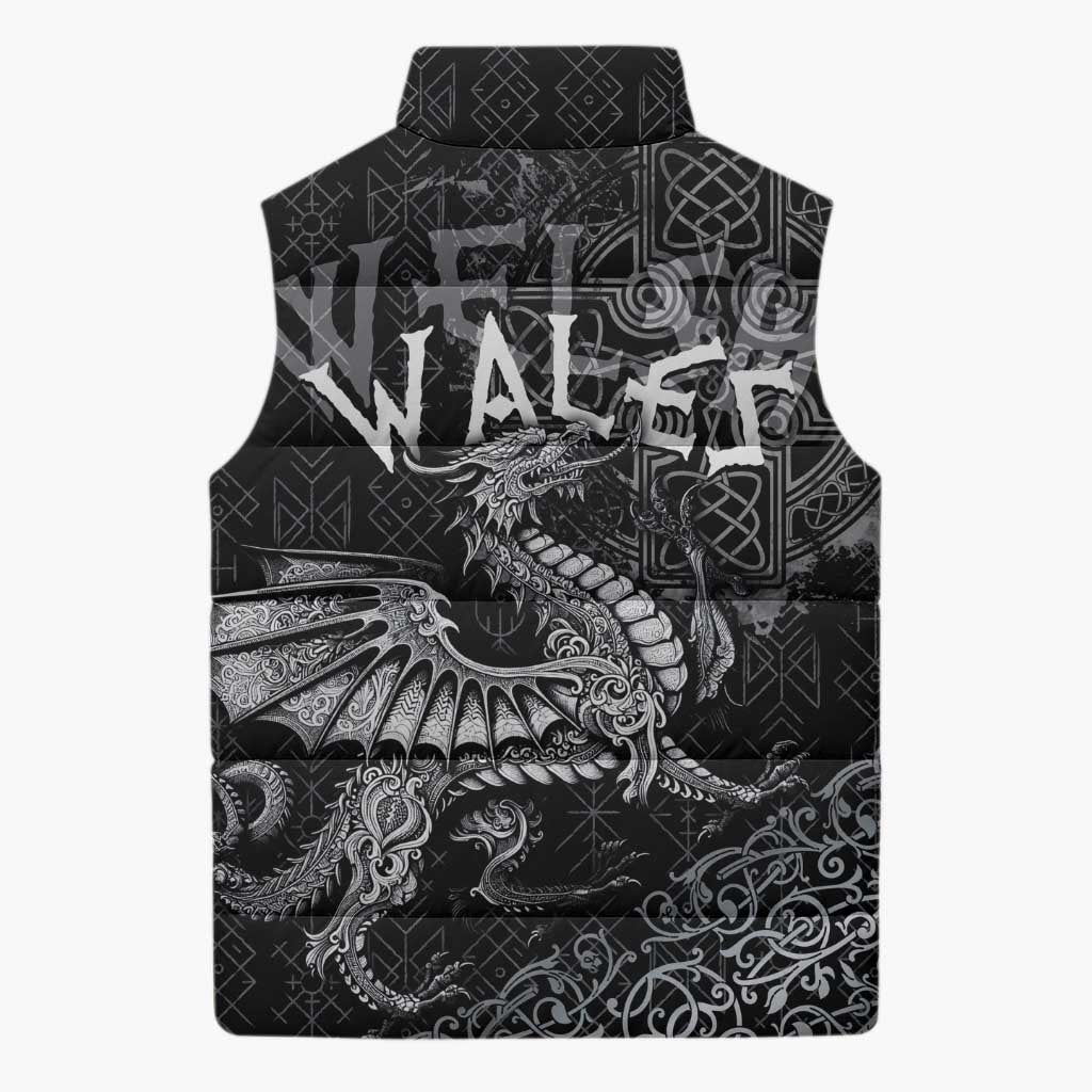 Welsh Celtic Culture Sleeveless Puffer Jacket Wales Y Ddraig Goch with Runes Symbols - Wonder Print Shop