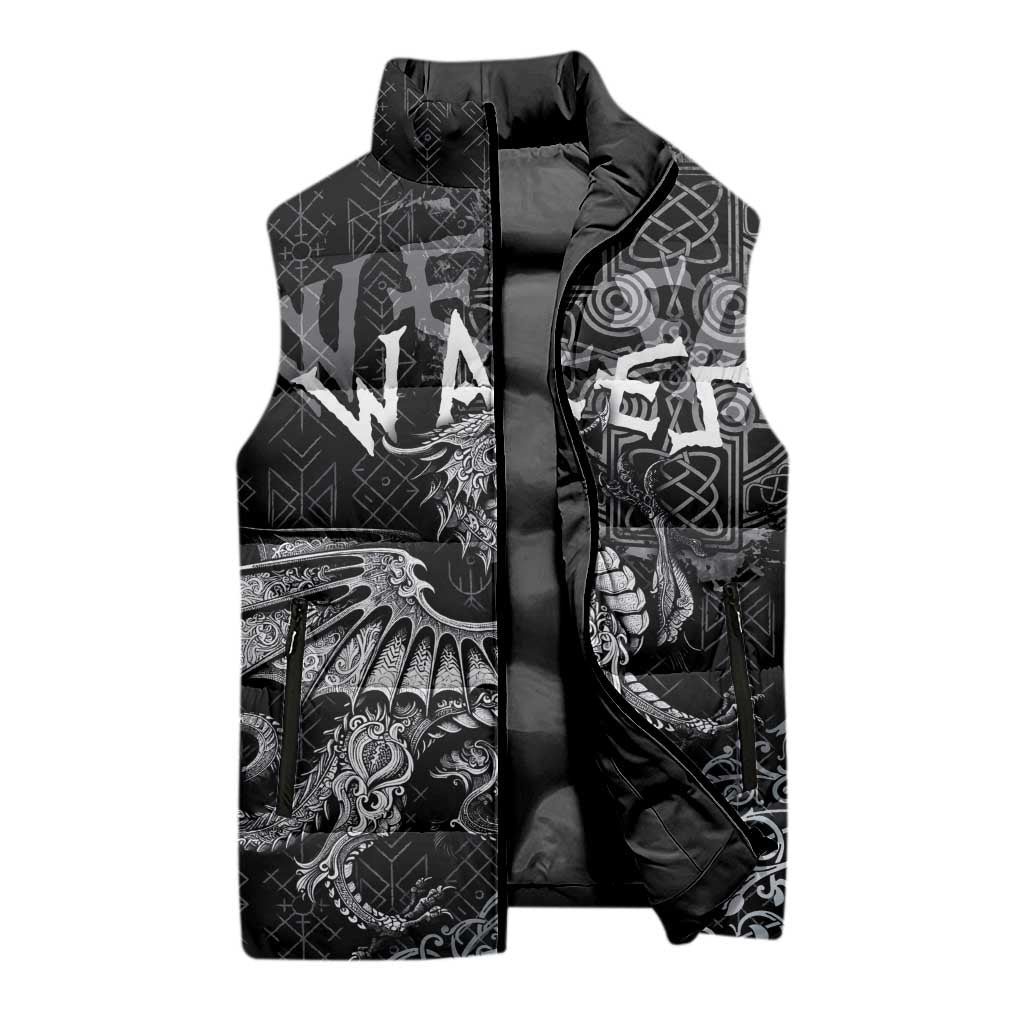 Welsh Celtic Culture Sleeveless Puffer Jacket Wales Y Ddraig Goch with Runes Symbols - Wonder Print Shop