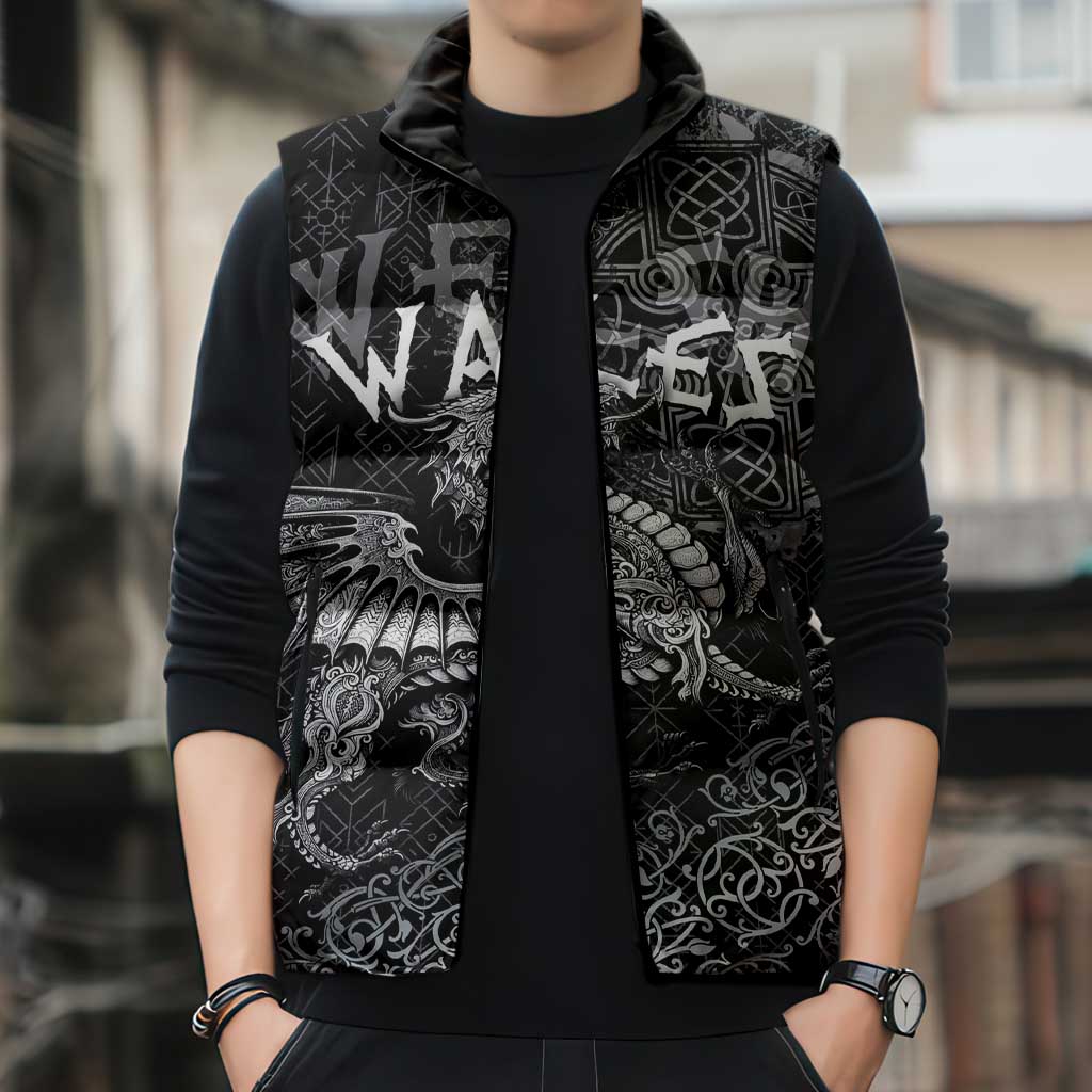 Welsh Celtic Culture Sleeveless Puffer Jacket Wales Y Ddraig Goch with Runes Symbols - Wonder Print Shop