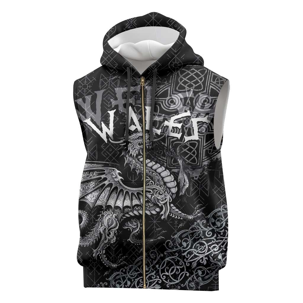 Welsh Celtic Culture Sleeveless Zip Hoodie Wales Y Ddraig Goch with Runes Symbols - Wonder Print Shop