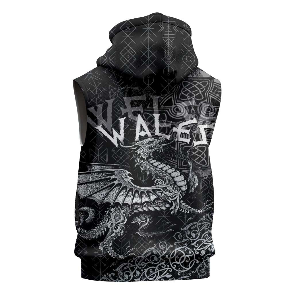 Welsh Celtic Culture Sleeveless Zip Hoodie Wales Y Ddraig Goch with Runes Symbols - Wonder Print Shop