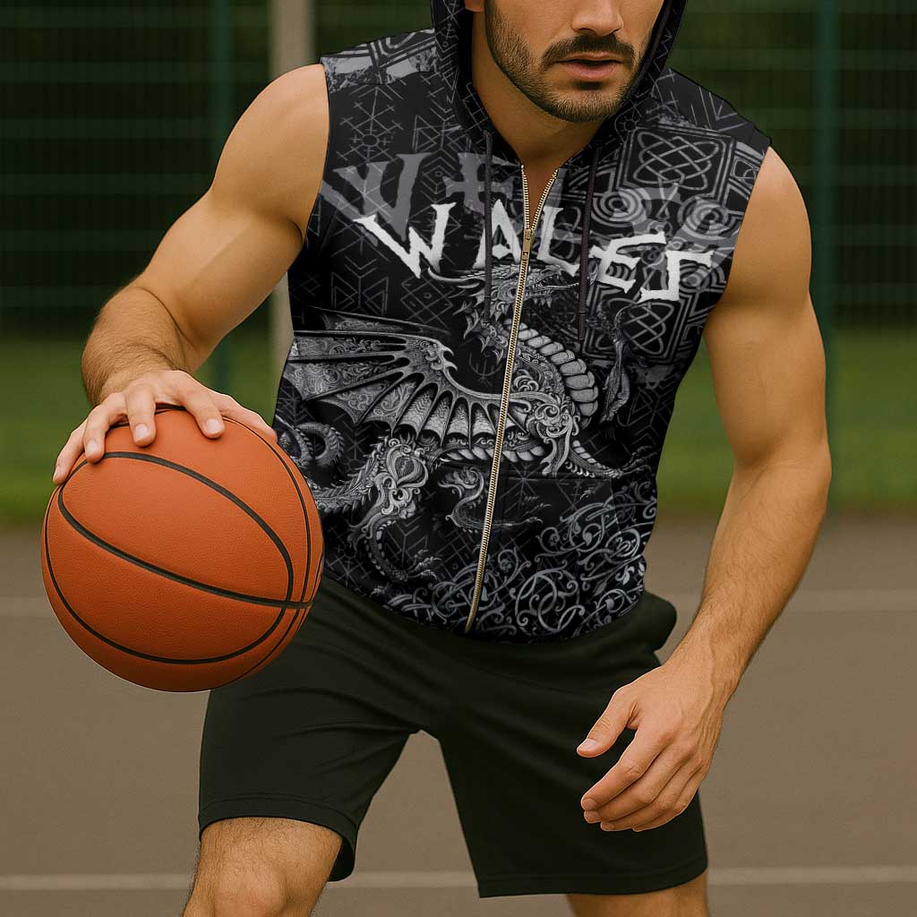 Welsh Celtic Culture Sleeveless Zip Hoodie Wales Y Ddraig Goch with Runes Symbols - Wonder Print Shop