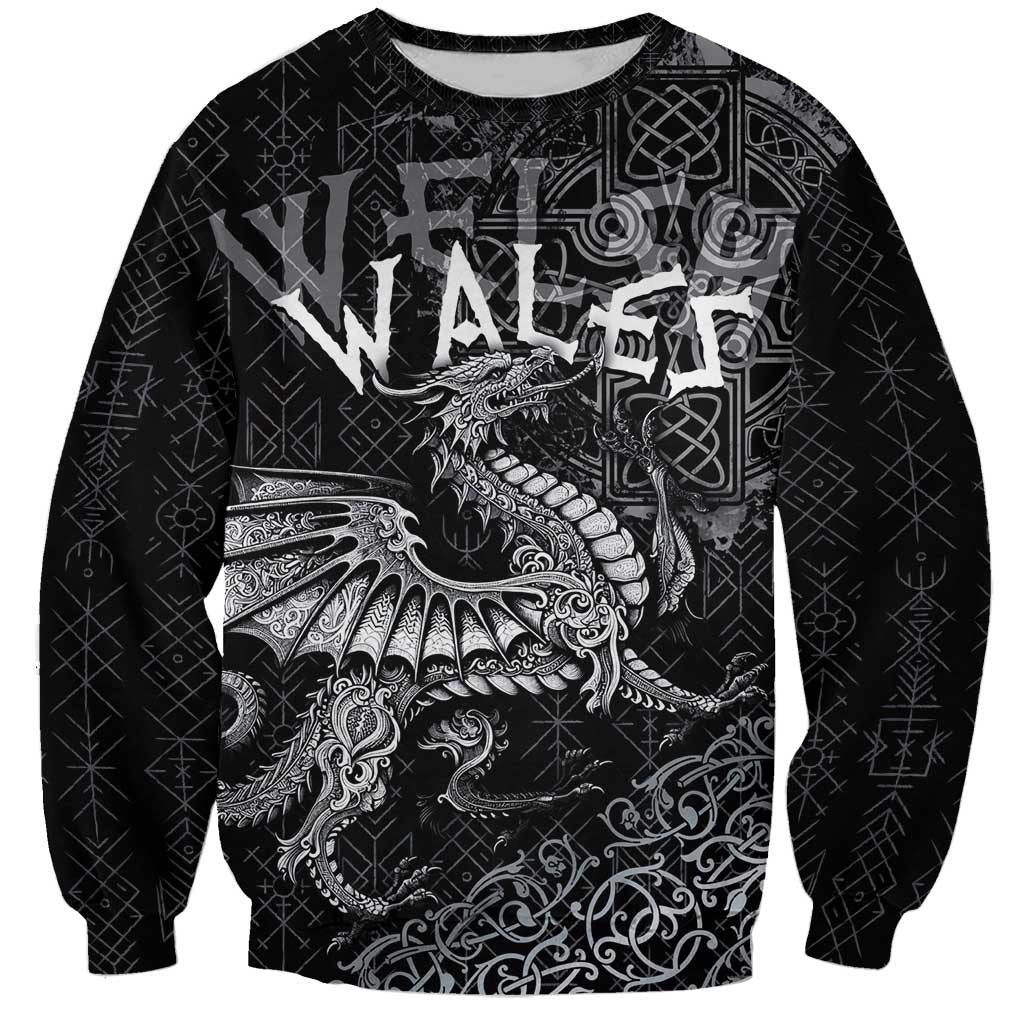 Welsh Celtic Culture Sweatshirt Wales Y Ddraig Goch with Runes Symbols - Wonder Print Shop