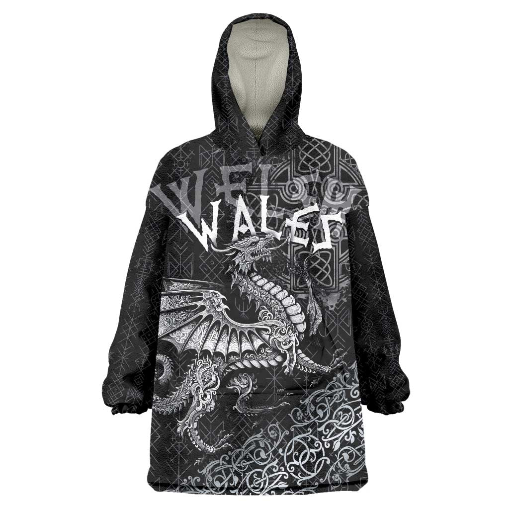 Welsh Celtic Culture Wearable Blanket Hoodie Wales Y Ddraig Goch with Runes Symbols - Wonder Print Shop