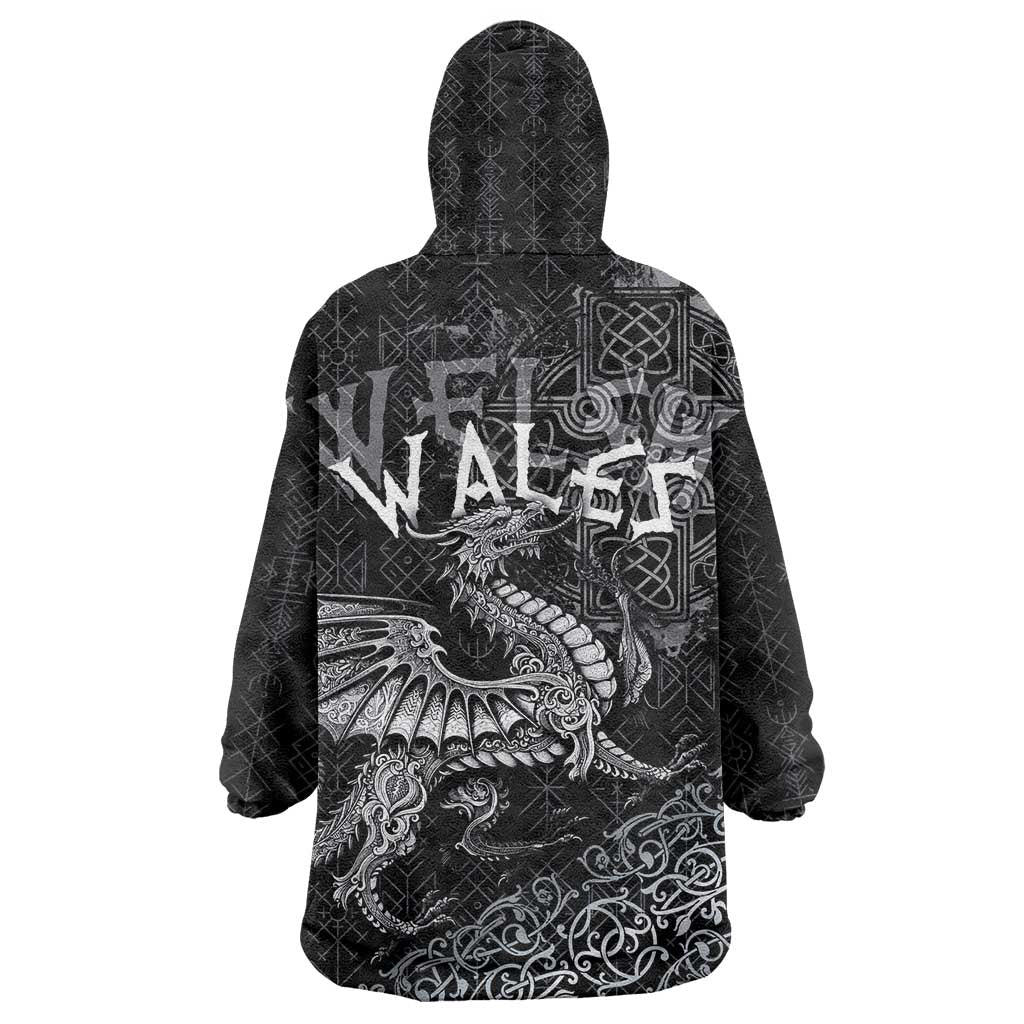 Welsh Celtic Culture Wearable Blanket Hoodie Wales Y Ddraig Goch with Runes Symbols - Wonder Print Shop