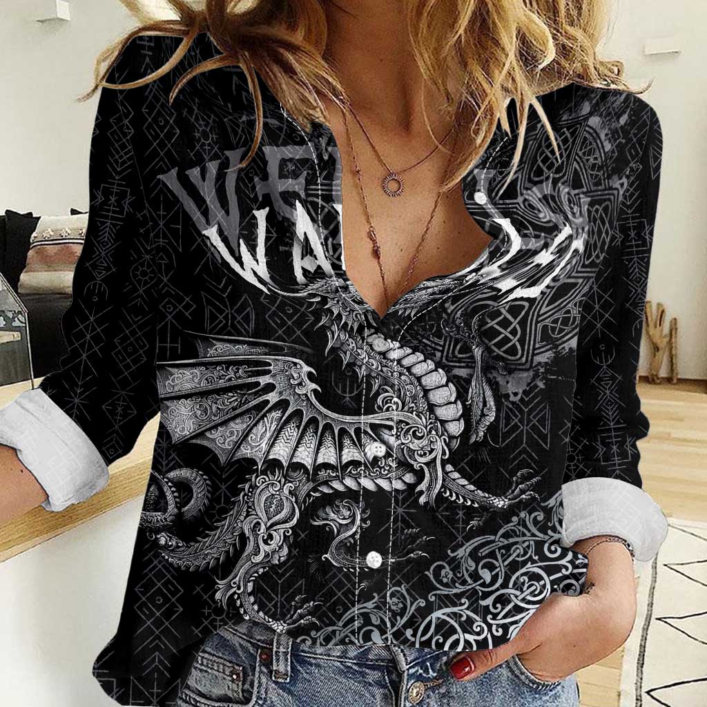 Welsh Celtic Culture Women Casual Shirt Wales Y Ddraig Goch with Runes Symbols - Wonder Print Shop
