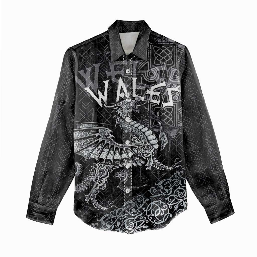 Welsh Celtic Culture Women Casual Shirt Wales Y Ddraig Goch with Runes Symbols - Wonder Print Shop