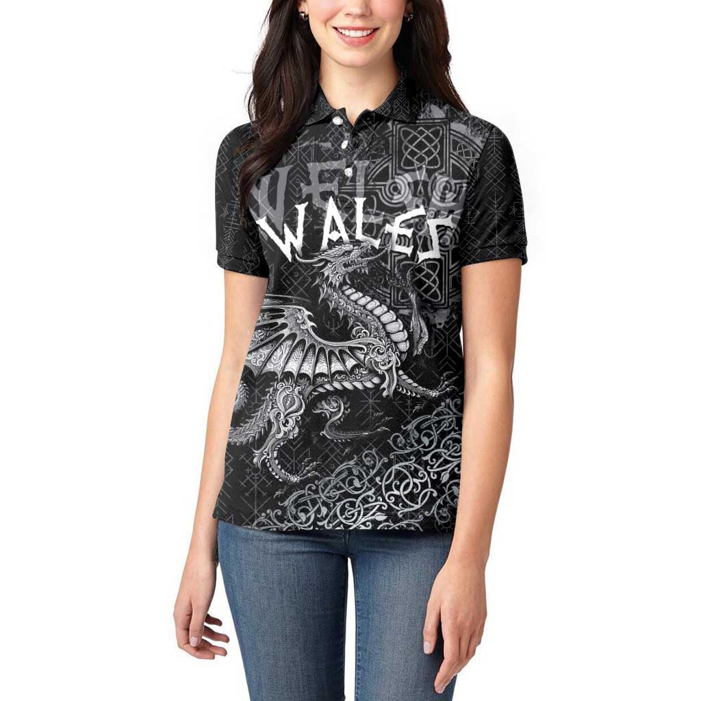 Welsh Celtic Culture Women Polo Shirt Wales Y Ddraig Goch with Runes Symbols - Wonder Print Shop