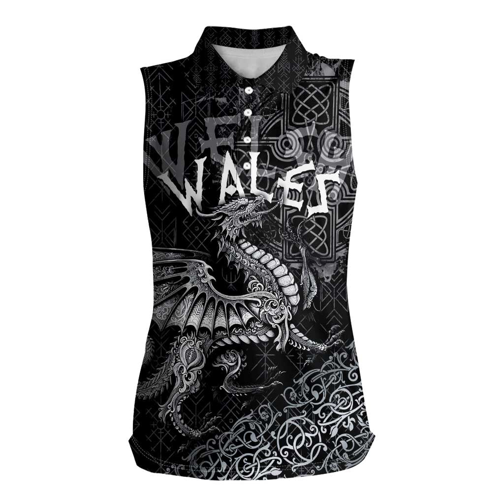 Welsh Celtic Culture Women Sleeveless Polo Shirt Wales Y Ddraig Goch with Runes Symbols - Wonder Print Shop