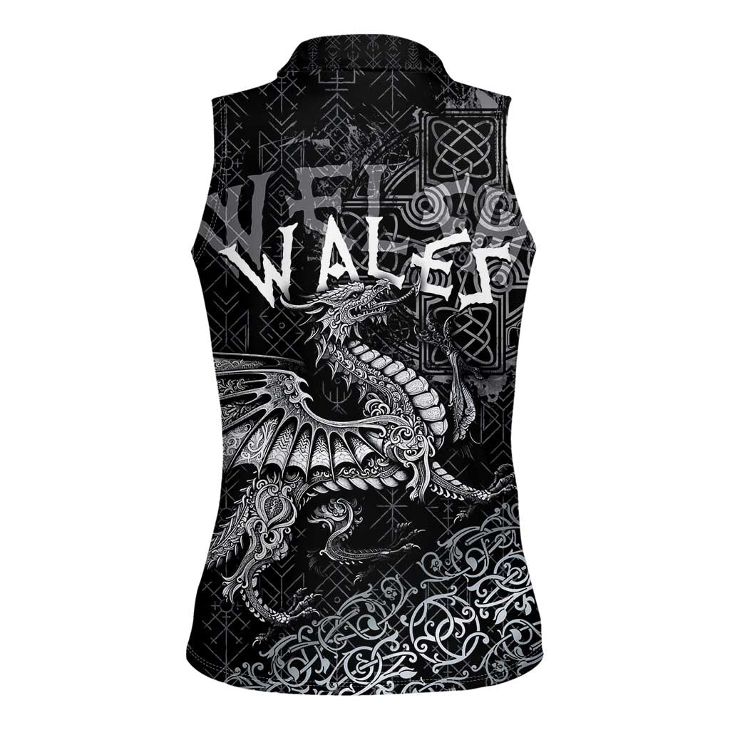 Welsh Celtic Culture Women Sleeveless Polo Shirt Wales Y Ddraig Goch with Runes Symbols - Wonder Print Shop