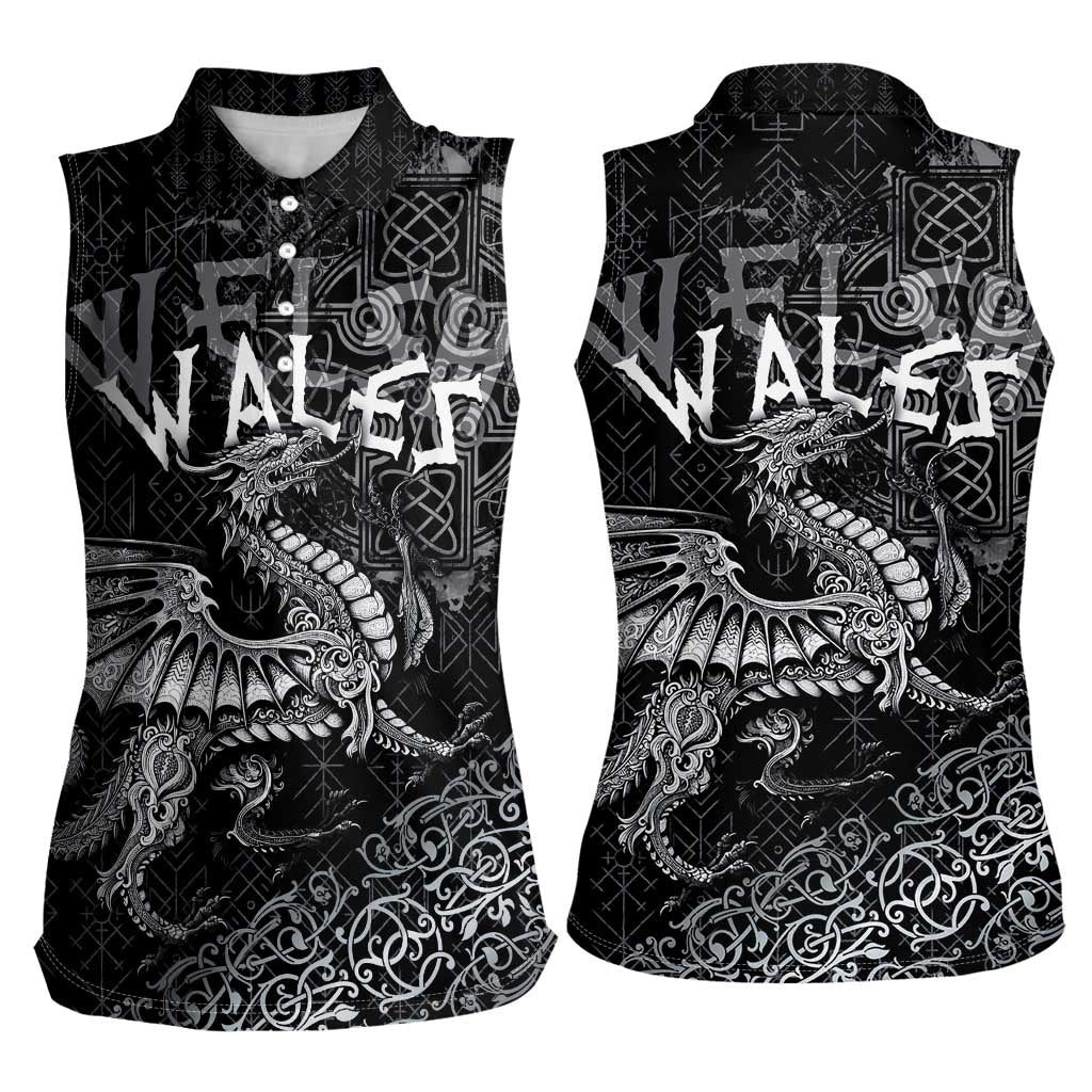 Welsh Celtic Culture Women Sleeveless Polo Shirt Wales Y Ddraig Goch with Runes Symbols - Wonder Print Shop
