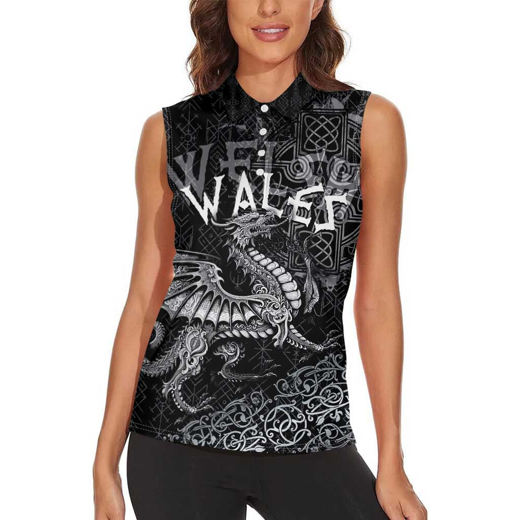Welsh Celtic Culture Women Sleeveless Polo Shirt Wales Y Ddraig Goch with Runes Symbols - Wonder Print Shop