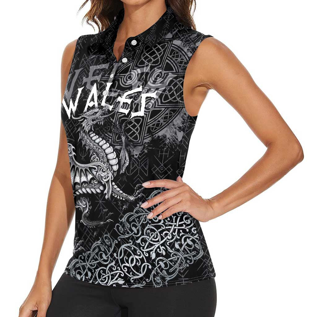 Welsh Celtic Culture Women Sleeveless Polo Shirt Wales Y Ddraig Goch with Runes Symbols - Wonder Print Shop