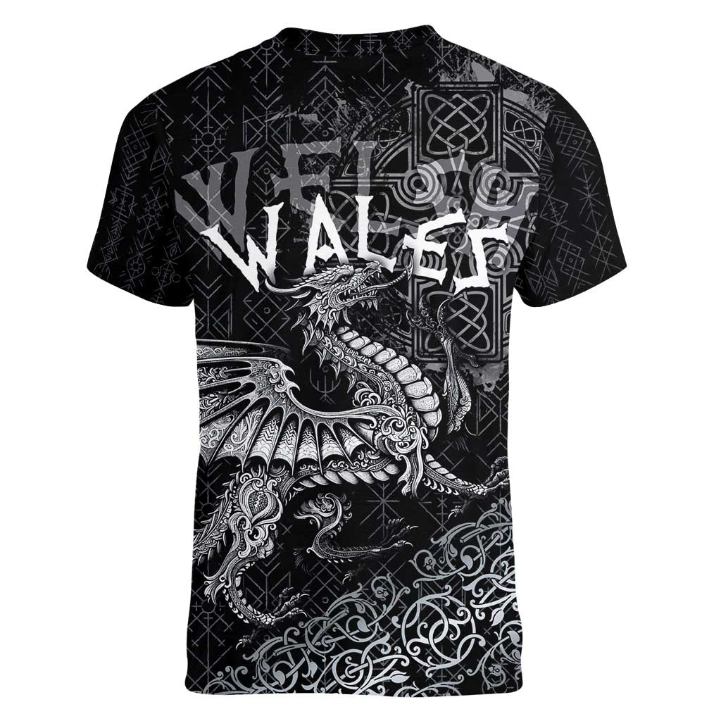 Welsh Celtic Culture Women V-Neck T-Shirt Wales Y Ddraig Goch with Runes Symbols - Wonder Print Shop