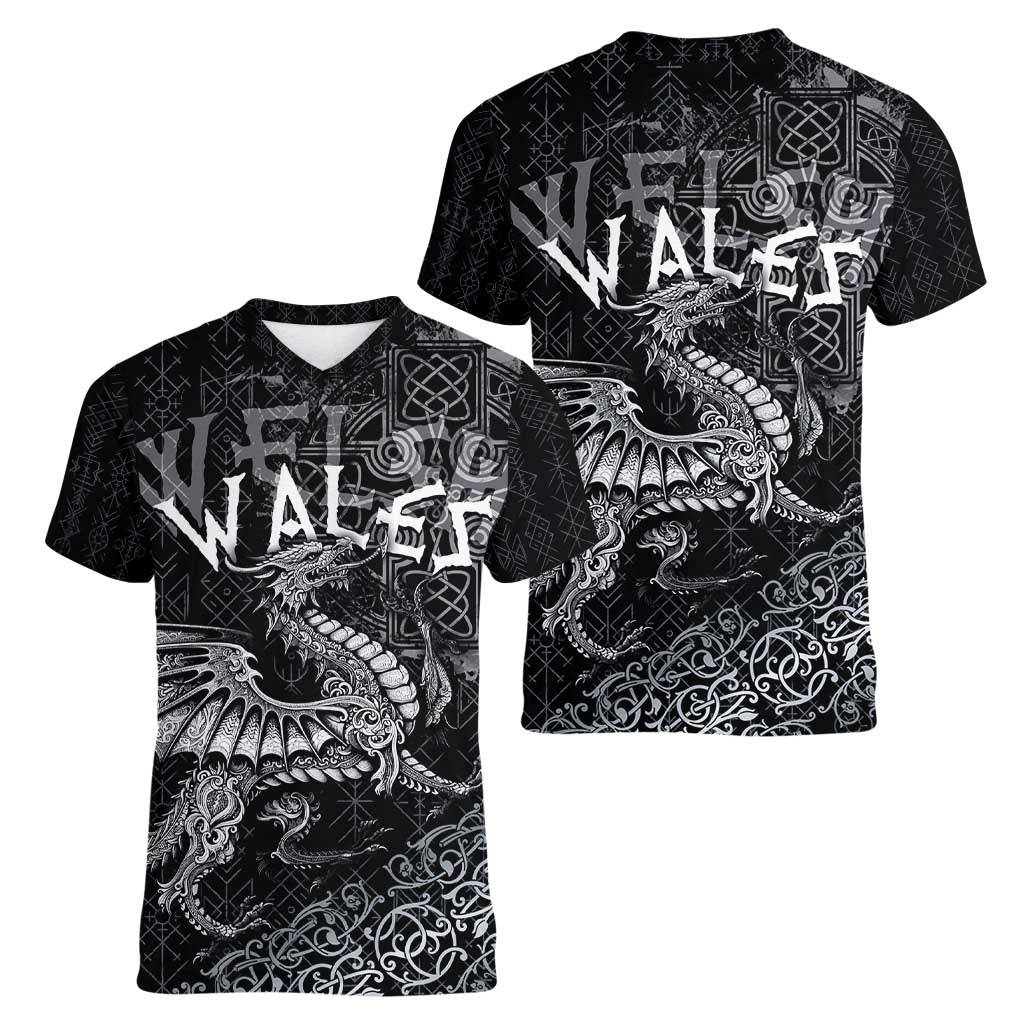 Welsh Celtic Culture Women V-Neck T-Shirt Wales Y Ddraig Goch with Runes Symbols - Wonder Print Shop